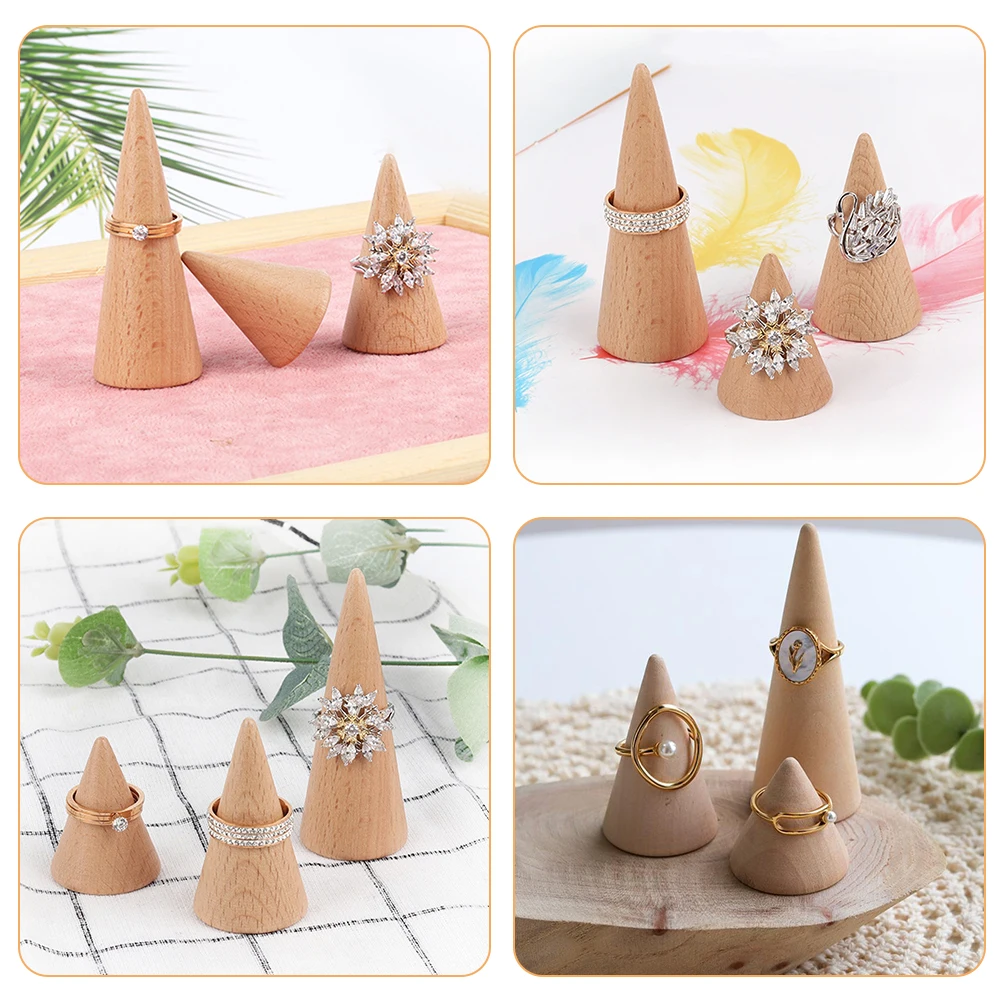 

3pcs Ring Display Stand Jewelry Rack Organizer High Medium Low Cone Holders Wood Material Practical Storage Solution For Rings