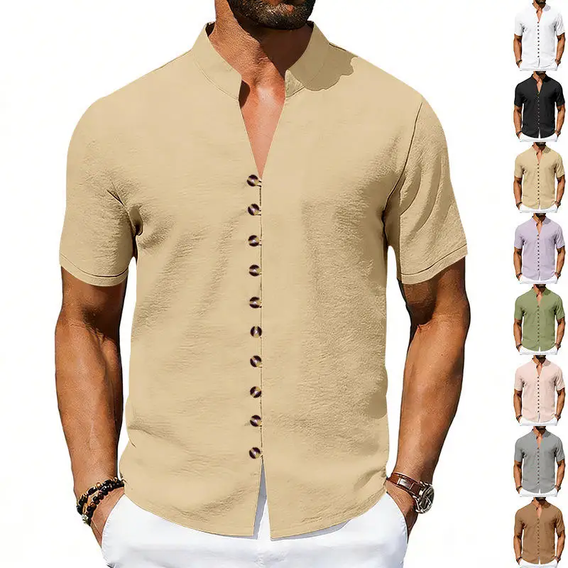 

New Summer American Loose Casual Ethnic Style Men's Collared Short Sleeve Button Shirt PU Leather Sport Spring Unisex