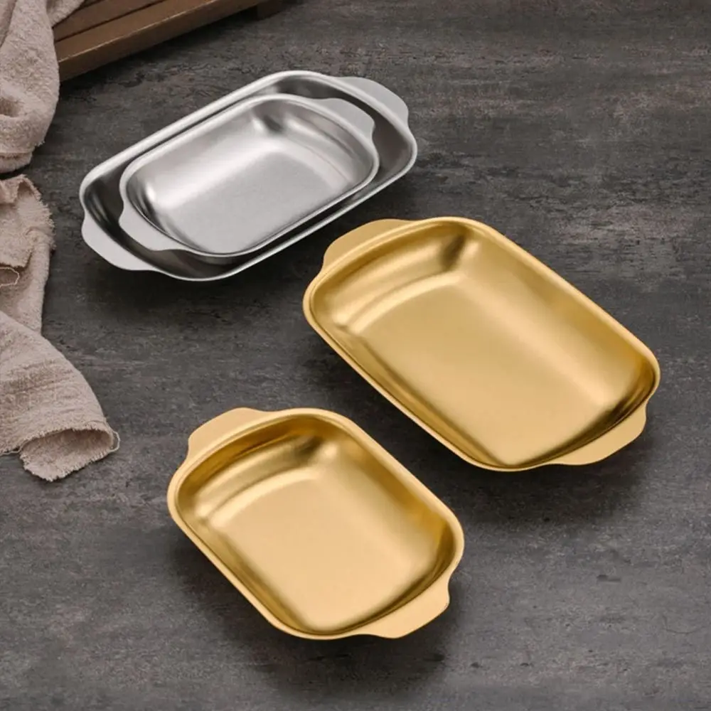 Multifunctional Stainless Steel Steak Tray Double Ear Design Vintage Dessert Plate Barbecue Plate Home Kitchen