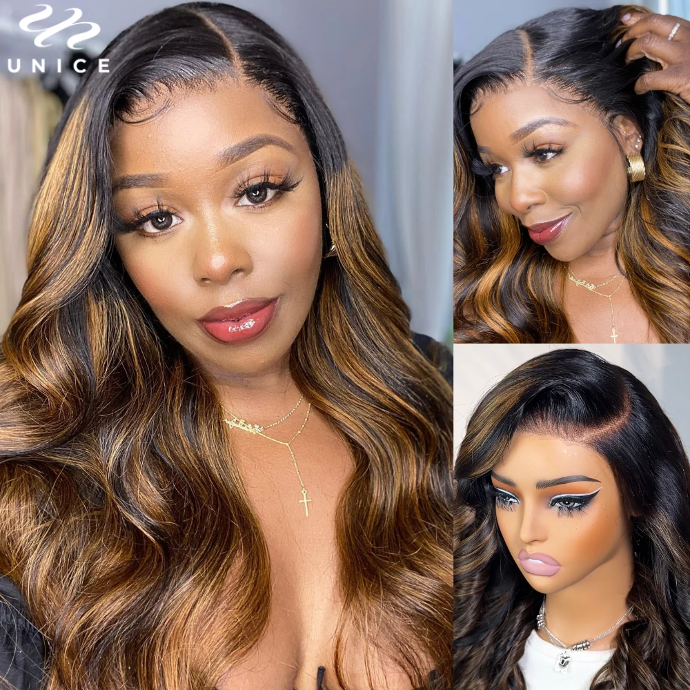 Unice Hair 3D Body Wave Brown Balayage 7x5 13x4 Human Hair Lace Frontal Wig Pre Cut Pre Bleached Pre Plucked Glueless Wigs