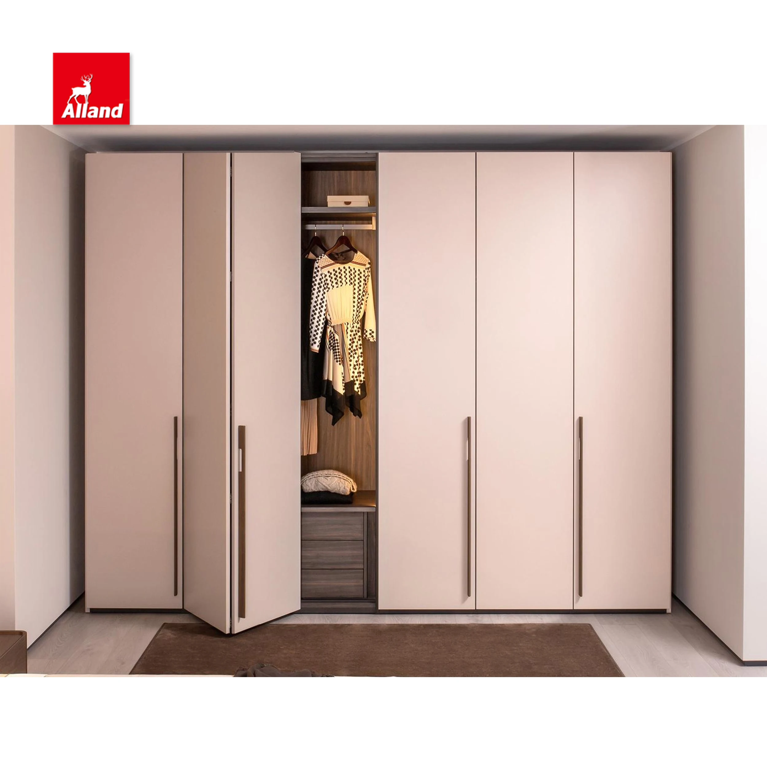 Characteristic Book Style Opening Modular Wardrobe With Folding Doors Covered In Lacquered Finish And Long Handles