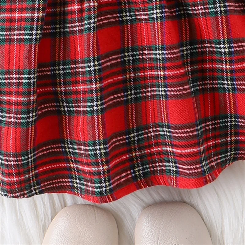 0-24m Baby Mädchen Weihnachten Patchwork Kleid Neugeborene Langarm Elch bestickt Plaid Hosenträger Kleid mit Stirnband