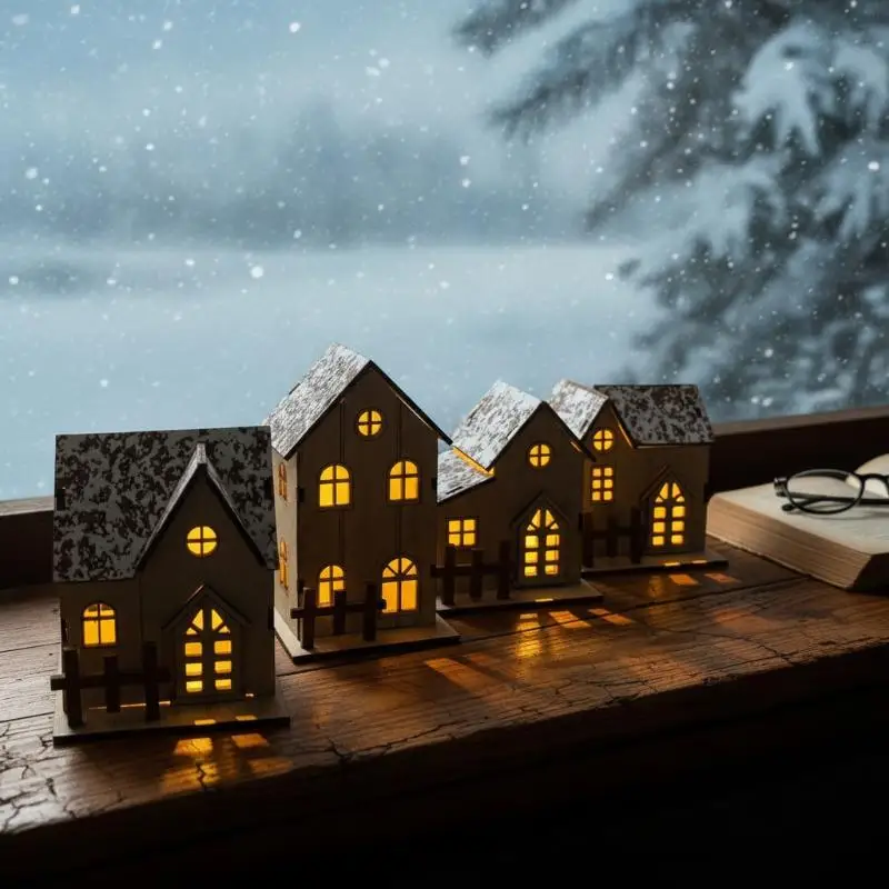 Wooden Lighted Christmas Houses With Warm LED Glow And Snow Frosted Roofs Perfect For Holiday Home Table Decor