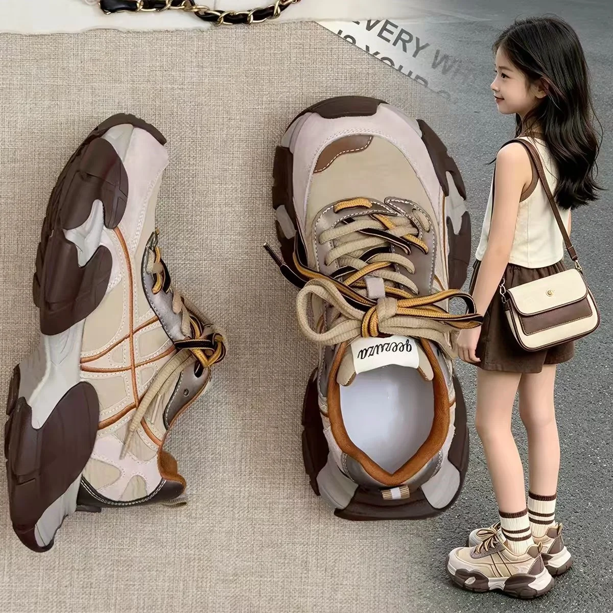 Toddler Girls Vintage Color Block Dad Sneakers, Non Slip Thick Sole Casual Running Shoes for Outdoor Daily Wear