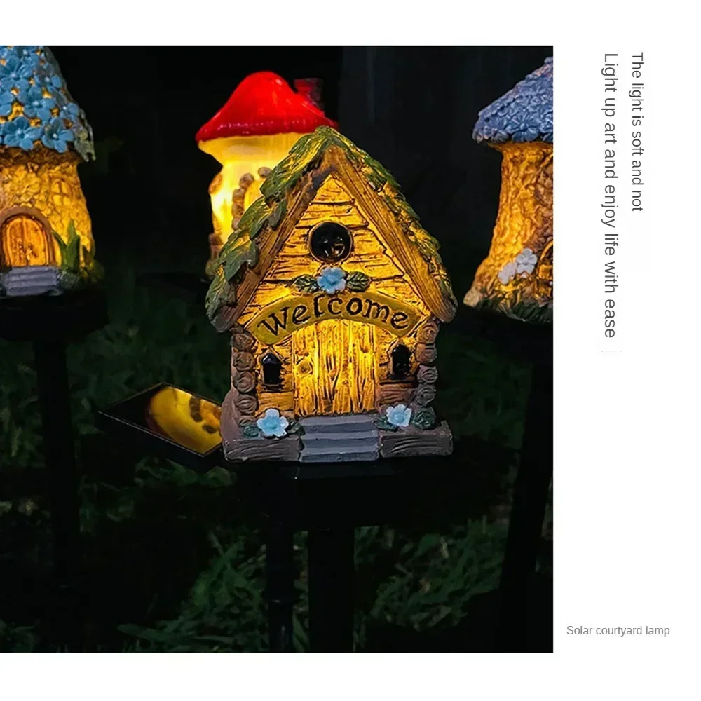 Creative Solar Resin Mushroom House Light Outdoor Waterproof LED Cartoon Ground Plug Light Garden Decoration Lawn Landscape Lamp