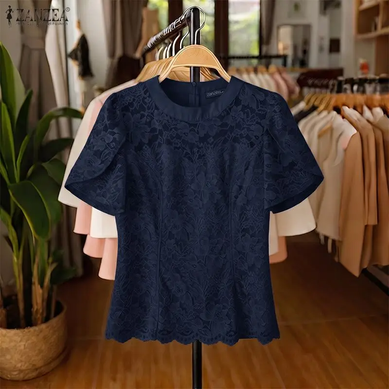 ZANZEA Women Lace Tops Sweet Elegant Style T-Shirts Short Sleeve Blusas Casual Loose Round Neck Tees Lace Patchwork Tunics