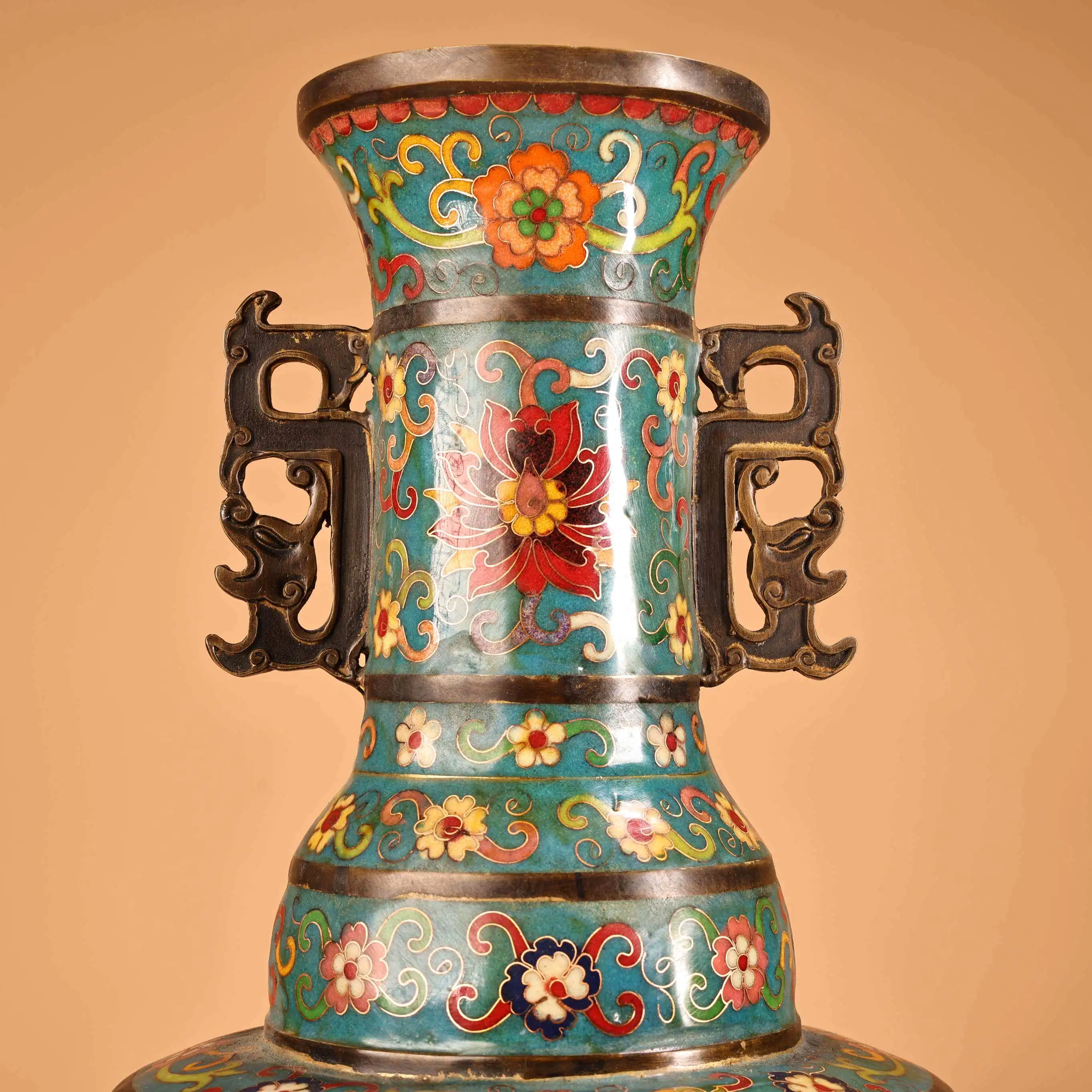 Cloisonne Enamel Dragon Phoenix Vase Copper Body Heavy Patina Exquisite Home Decor Collectible