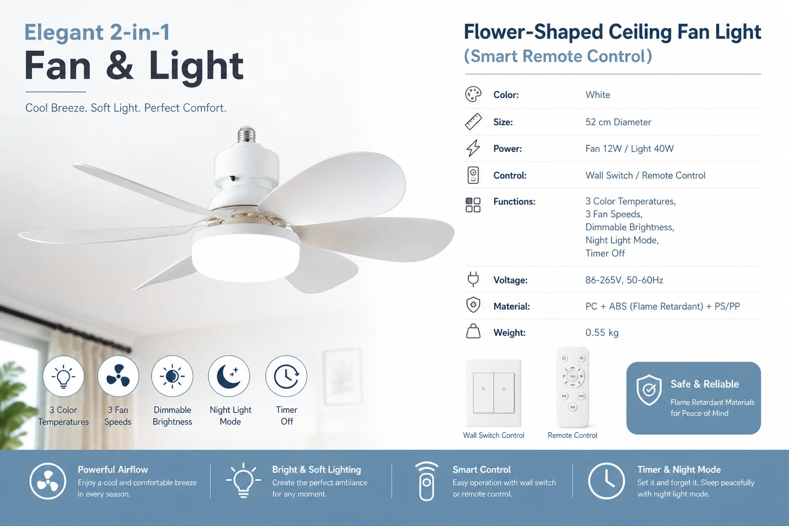52cm Flower Ceiling Fan Light with Remote, 3-Color Dimmable LED, 3 Speeds & Night Light