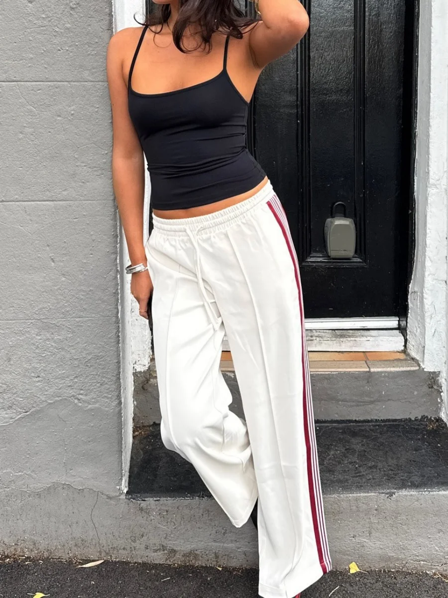 

Женские спортивные брюки в полоску по бокам Y2k, широкие спортивные штаны-карго с завязками на талии, повседневные свободные брюки для бега для отдыха