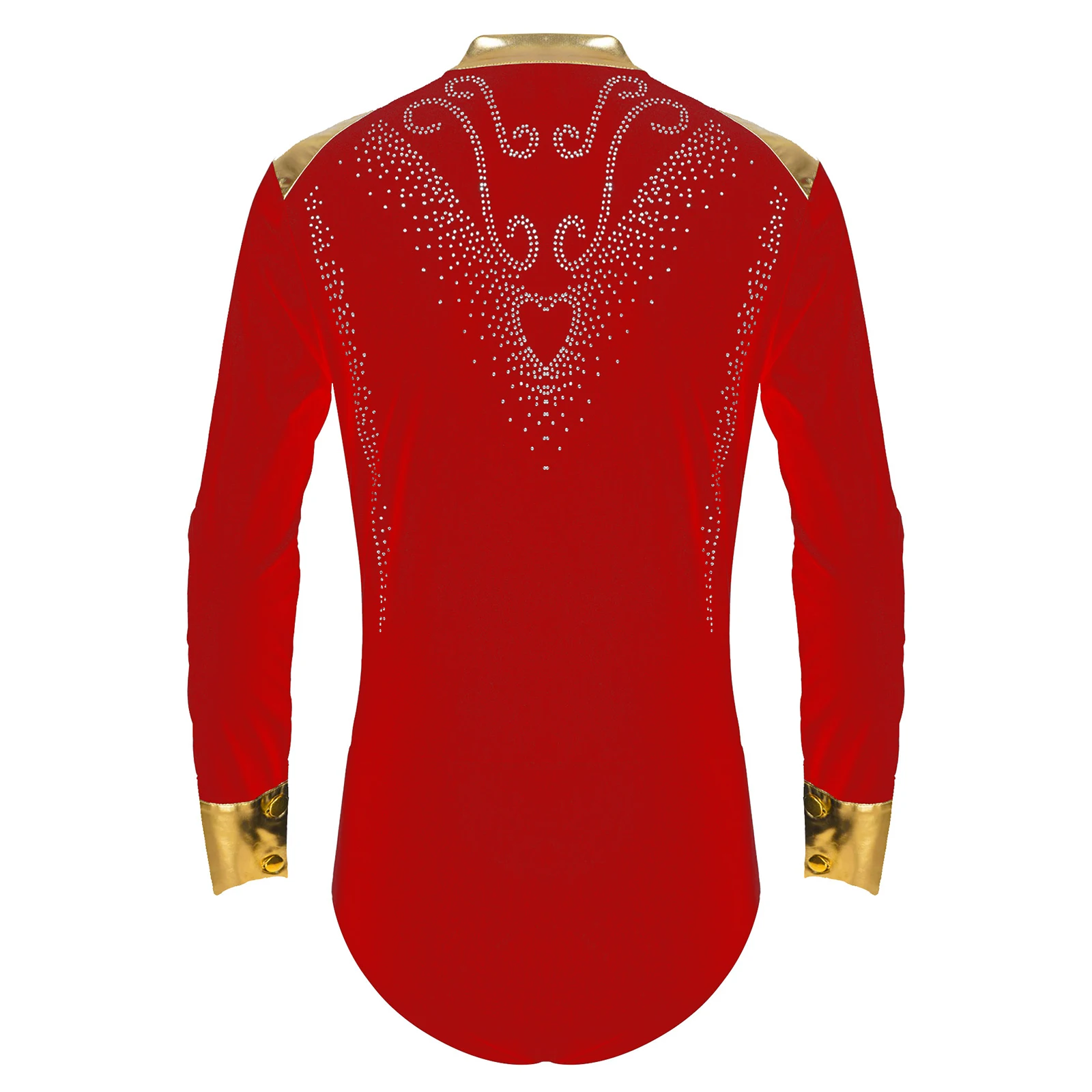 Mens Gymnastics Figure Skating Latin Samba Ballroom Dance Leotard Deep V Neck Long Sleeve Metallic Shiny Rhinestones Bodysuit