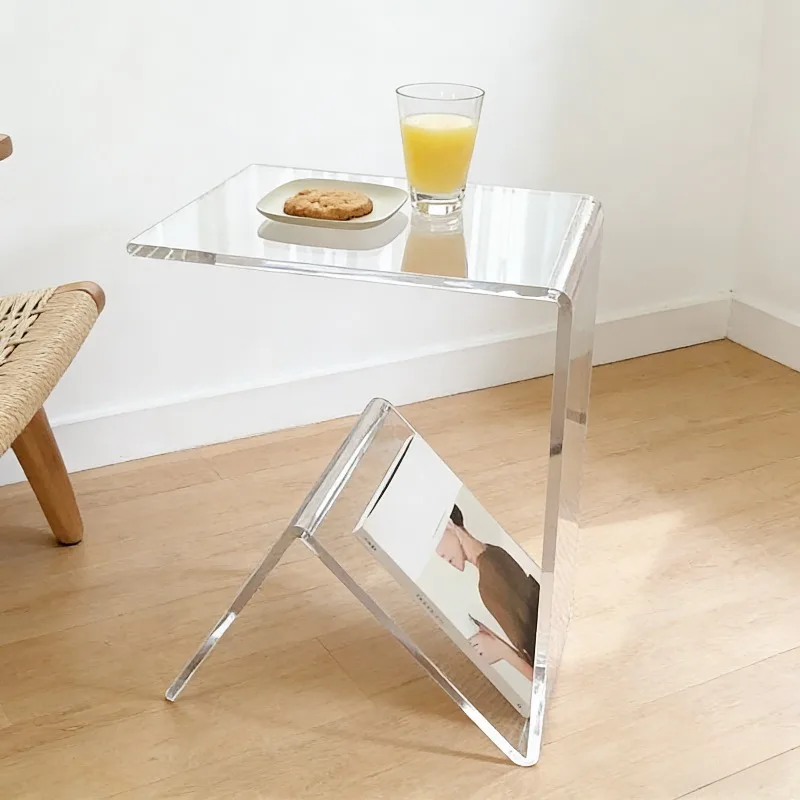 hh-Acrylic C-Shaped Table, Transparent Acrylic End Table with Magazine Rack, Minimalist Accent Table for Living Room Bedroom^