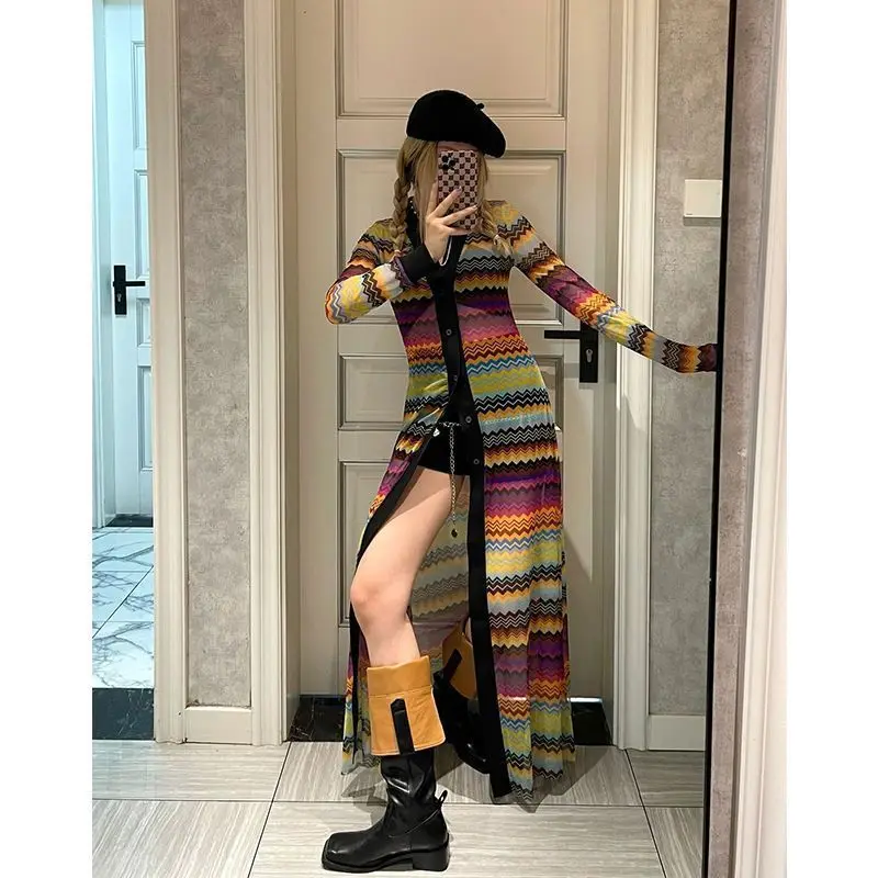 Colorful Striped Cardigan Mid Length Design Sense 2024 Summer New Style Temperament Sweet and Spicy Style Sun Protection Dresses