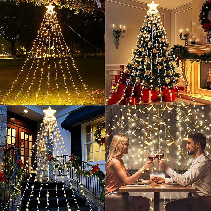 Creatieve Led Star Waterval Kerst Fee Lichtslinger Outdoor 8 Modi Waterdichte Tuindecoratie Slinger Voor Feest Bruiloft