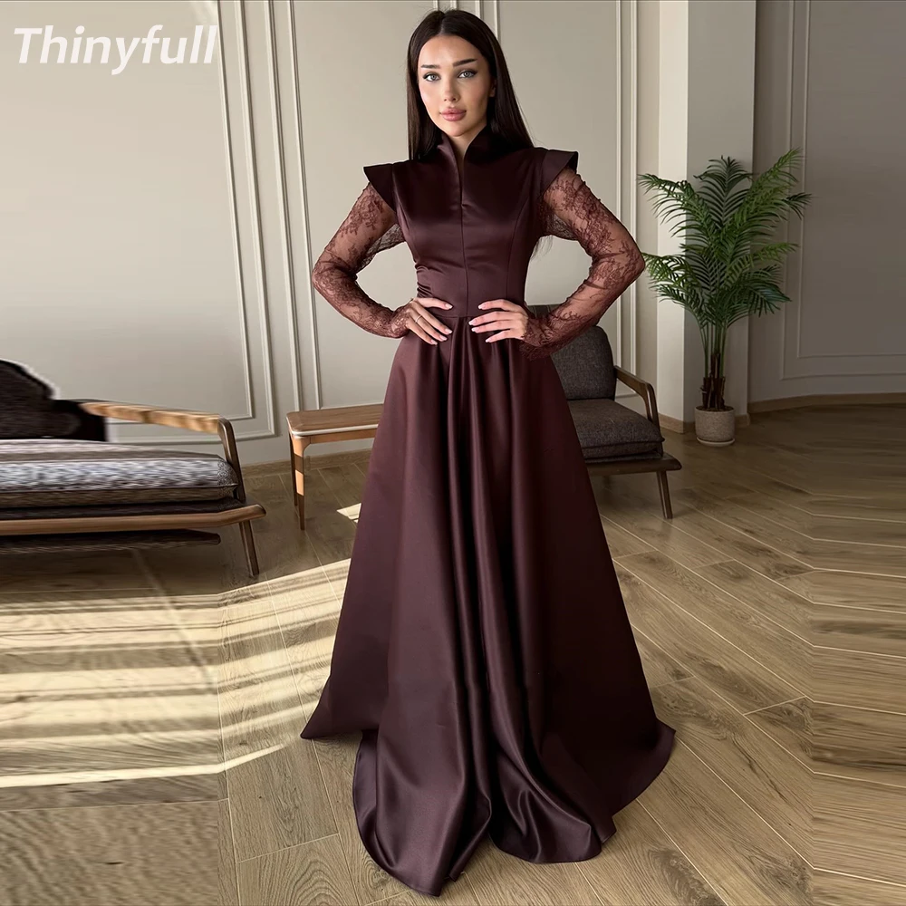 

﻿ Thinyfull A-line Satin/Lace Prom Dresses Full Sleeve Evening Party Gown Long Formal Occasion Dress robes de soirée Customized
