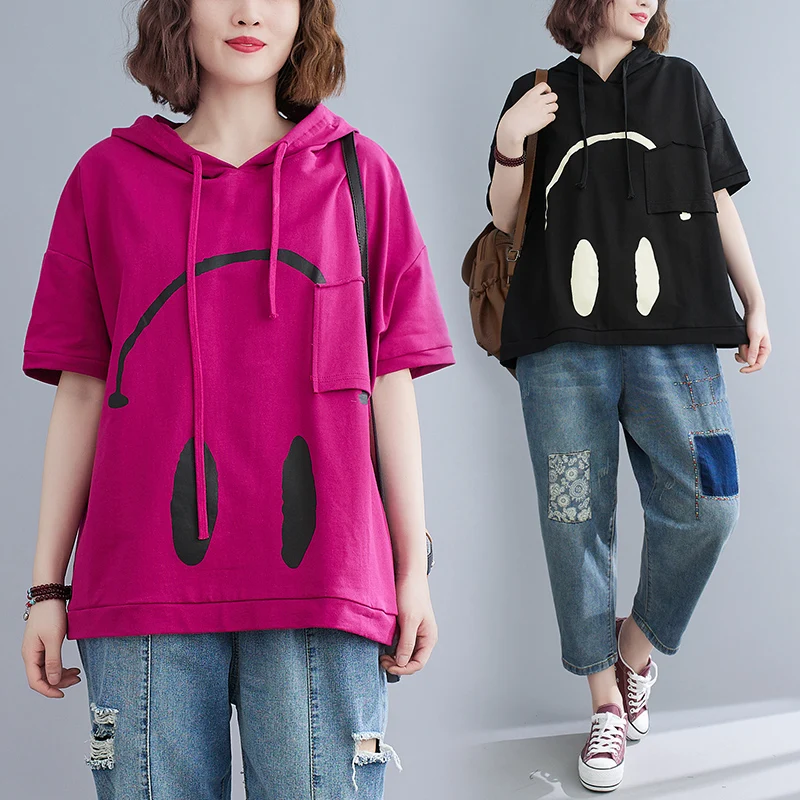 New Korean women\'s loose oversized artistic hooded drawstring printed short sleeved hoodie T-shirt for women  plus size