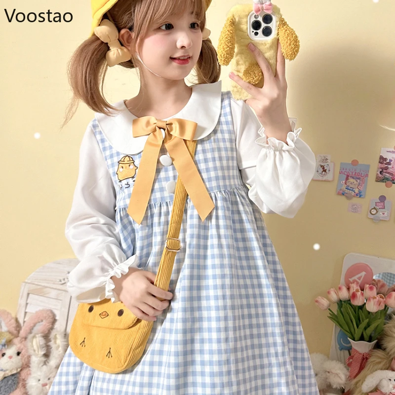 Robe de princesse Lolita à carreaux doux bleu pour femmes, nœud mignon Kawaii, broderie de dessin animé, mini robes de soirée, robe dégradée vintage pour étudiants