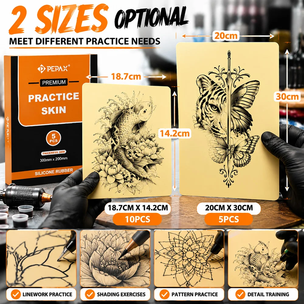 PEPAX Tattoo Practice Skin 3mm Silicone Double Sided Tattoo Fake Skin 2Sizes Training Skin with Storage Box for Artist Beginner