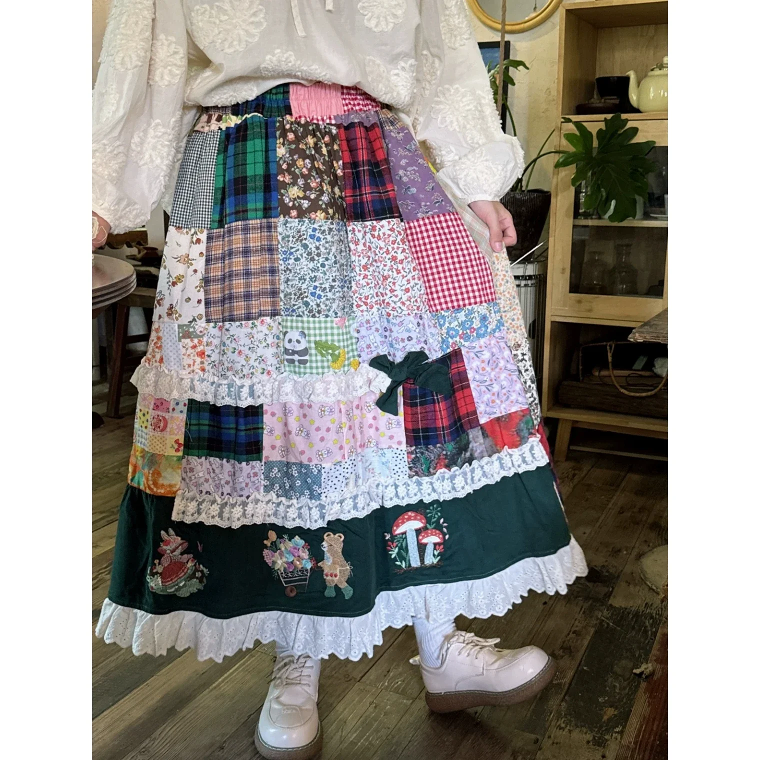Women Vintage Cotton Patchwork Velvet Ruffled Lace Green Long Midi Skirt Korean Cottagecore Retro Shabby Mori Girl Long Skirt