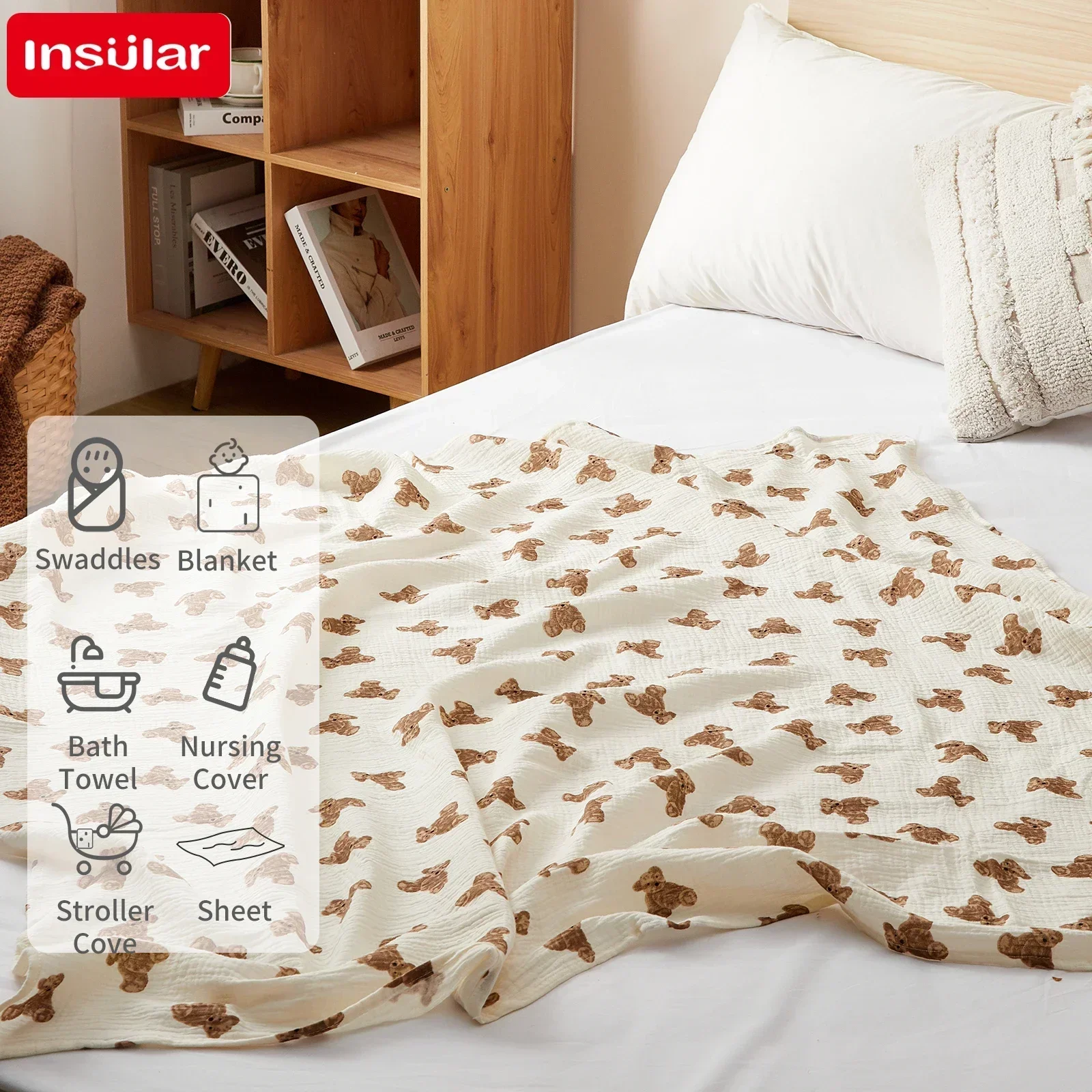 

INSULAR детские муслиновые одеяла, удобное пеленальное полотенце для новорожденных, мягкое одеяло с запахом, дышащее 2-слойное креповое марлевое одеяло, 100% хлопок