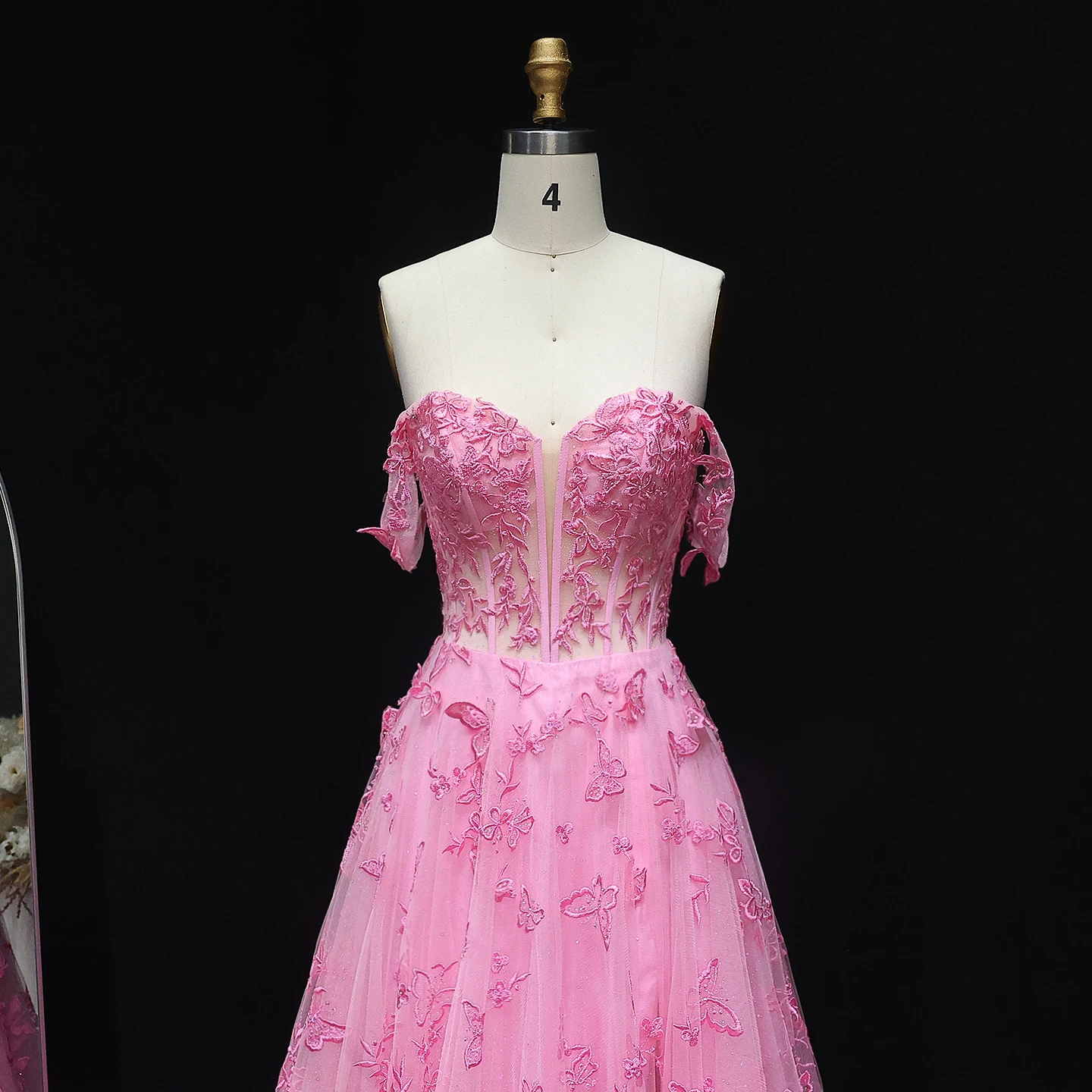 샤론 사이드 우아한 핑크 오프숄더 스트랩리스 A라인 얇은 명주 그물 코르셋, 2025 저녁 생일 가운, SH225 맞춤형