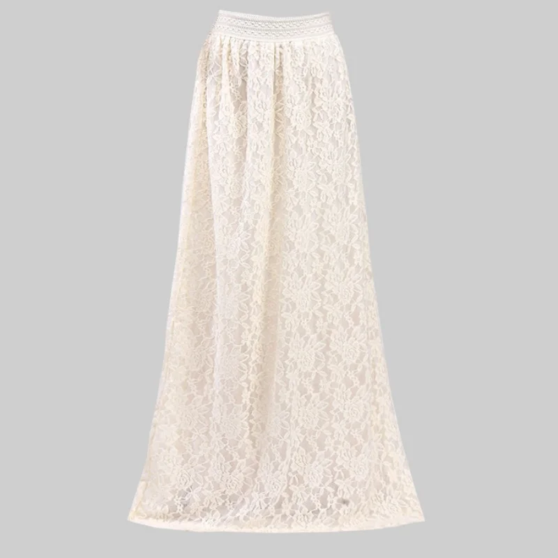 Hook Flower Slim Fit Slimming High Waist Hollow Pattern Lace Long Skirt