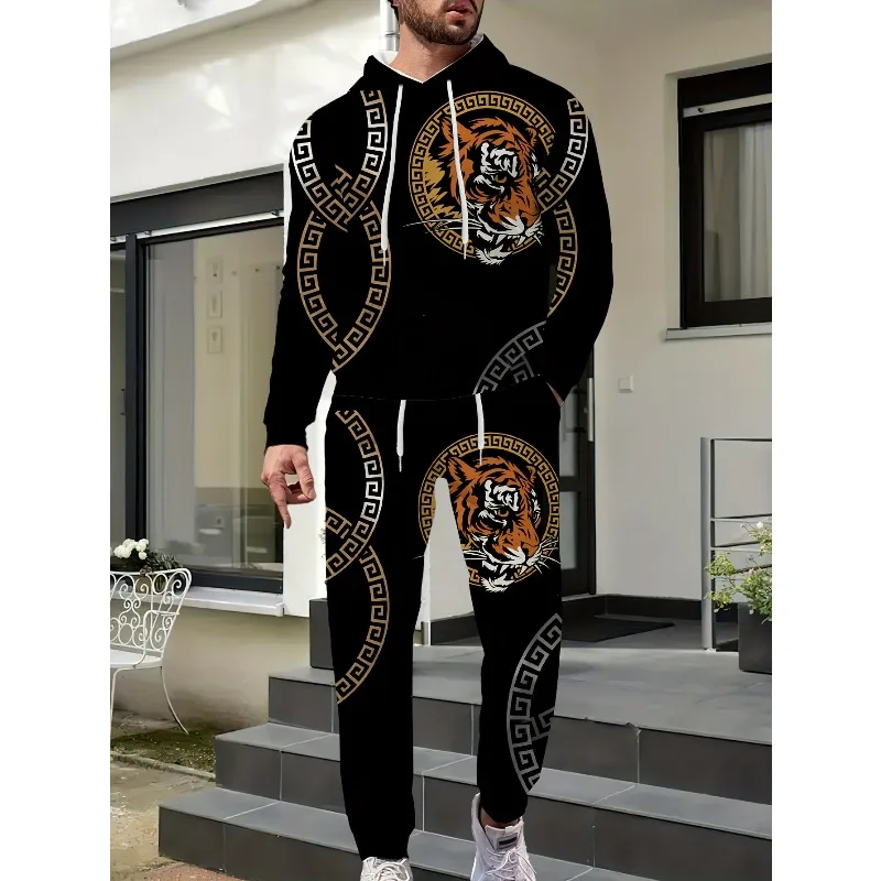 2025 Men's 2-piece Tiger Head Greek Key Leopard Lion Animal 3D Printed Hoodie and Running Pants Set