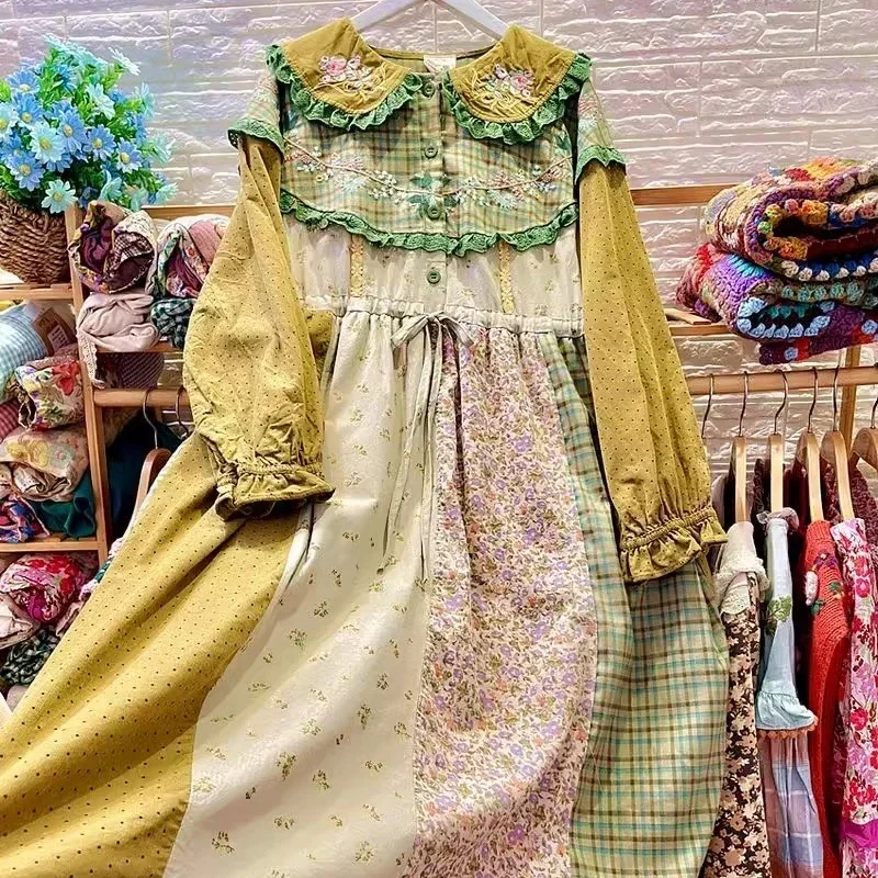 Vintage Patchwork Long Sleeve Midi Dress Female Autumn Retro Chic Mori Girl Cottagecore Lace Embroidery Kawaii Tea Length Dress