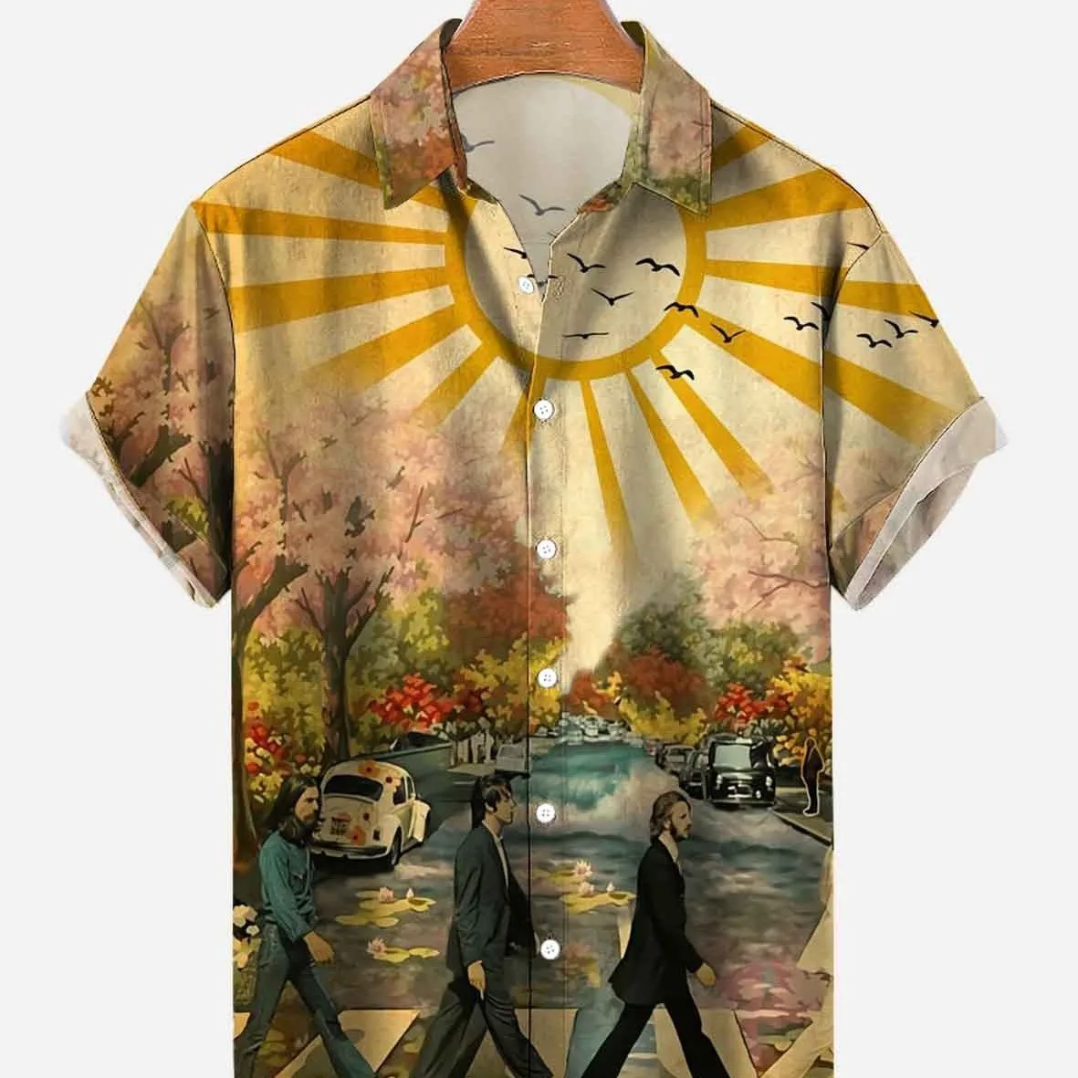 Summer Short Sleeved Shirt, Casual Button Up Collar Top, Loose Digital Printed Shirt, Trendy Vacation Men's Clothing