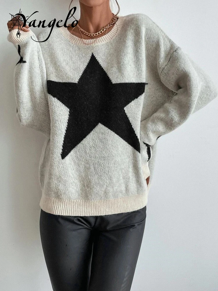 Yangelo Vintage Y2K Grunge Knitted Sweater Female Loose Star Pattern Pullover Emo Crew Neck Long Sleeve Fall  Winter Sweater