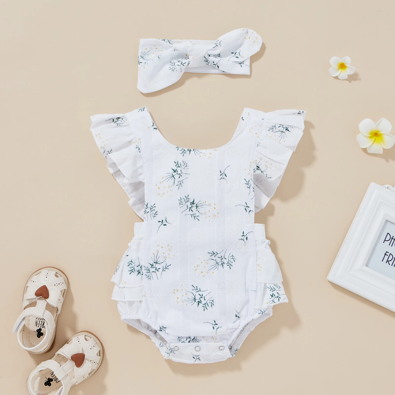 New Baby Romper With Hairband Kids Summer Flower Print Round Collar Fly Sleeve Bodysuit+ Headband 0-24 Months Hot Sale