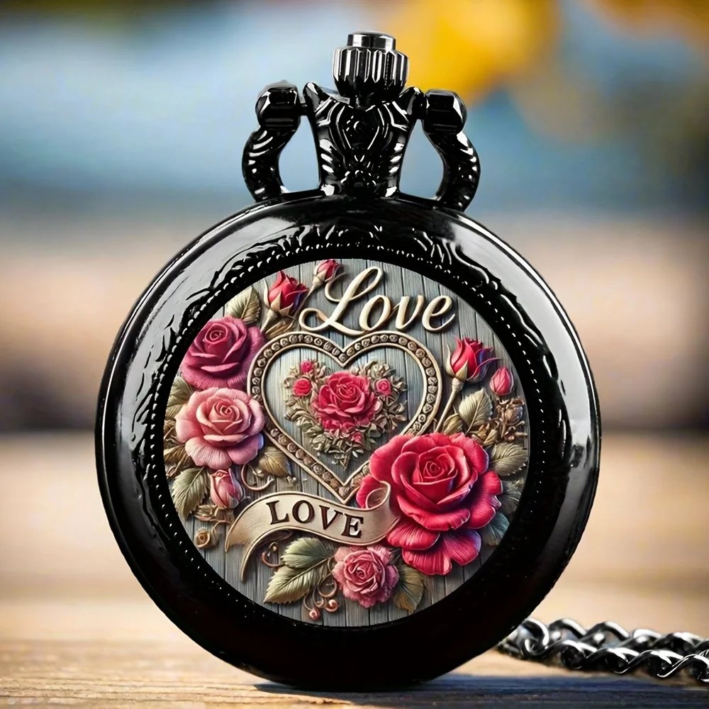 Elegant Fashion Heart-Shaped Pocket Watch Necklace with Alloy Case, Pink Floral Design & Quartz Movement - Women's Mens Jewelry