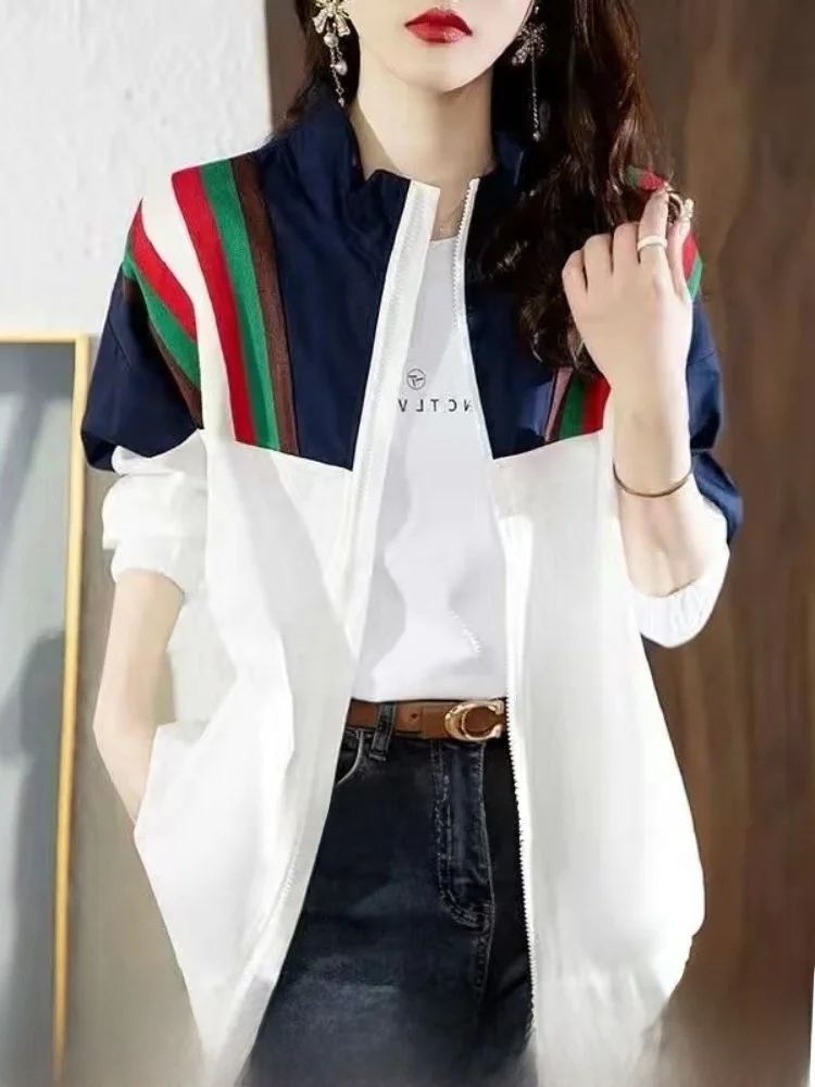 

Short Women's Jacket Summer Thin Sun Protection Fashionable European Goods Tagless Printed Splice Loose Fit Long Sleeve Zipper