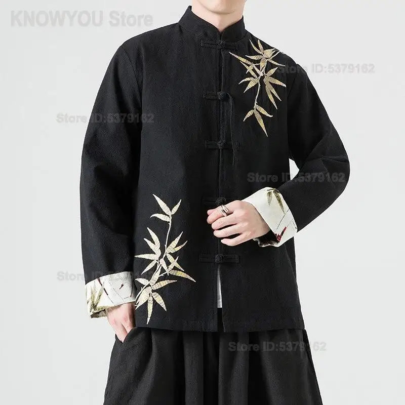 Men New Chinese Style Jacket Retro Bamboo Embroidered Tang Suit Mandarin Collar Frog Button Modified Hanfu Zhongshan Casual