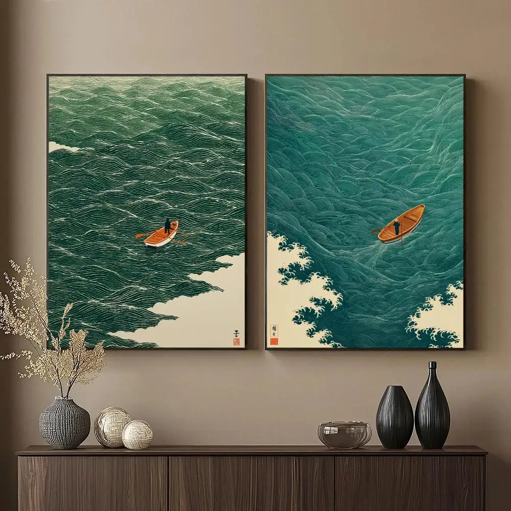 Japanese Wave HD Wall Art Poster Nautical Vessel Minimalist Ocean Traditional Style Coastal Home Decor Gift