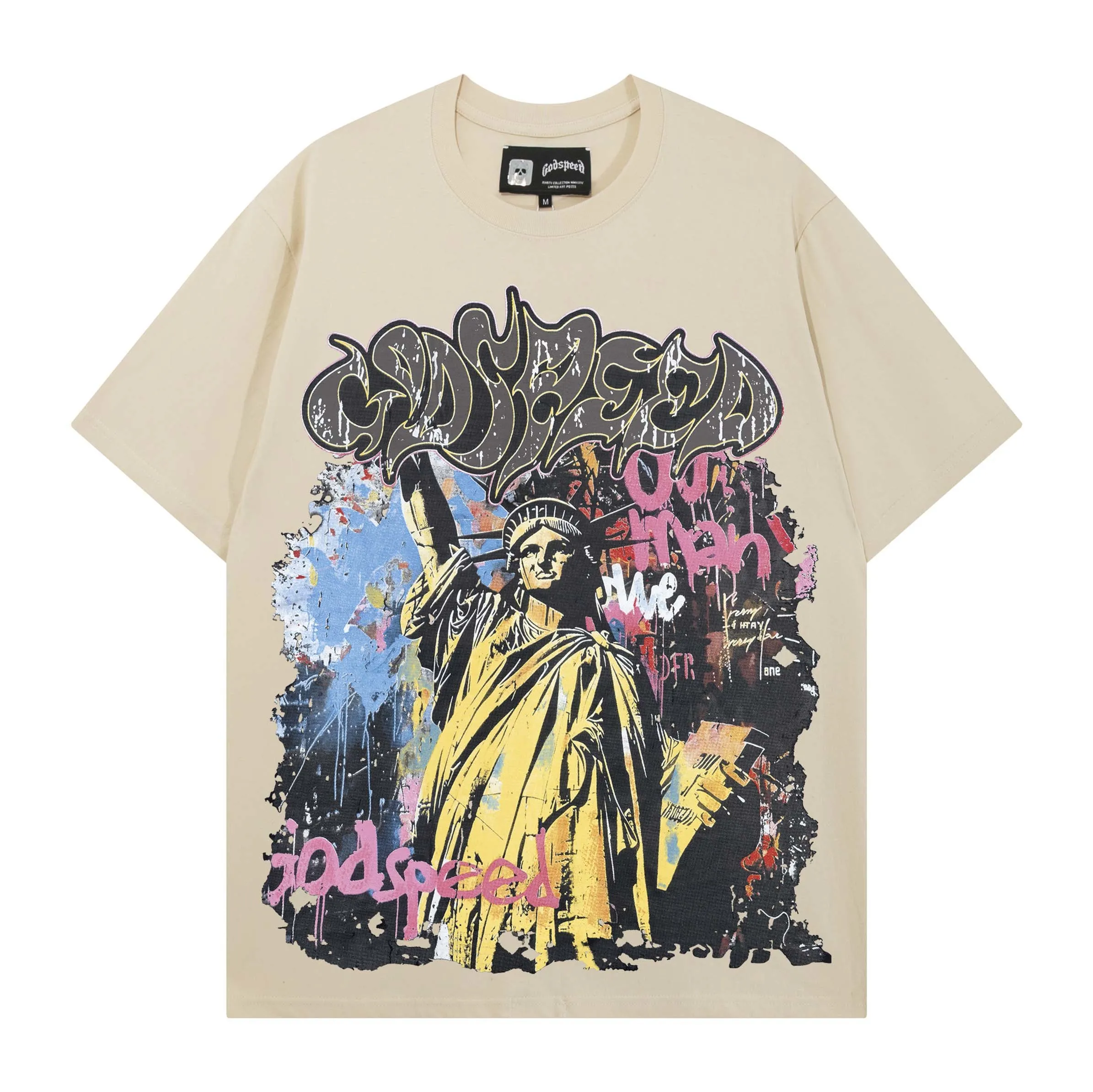 Godspeed Graffiti Statue Print Heavyweight Cotton Loose Fit Casual Short Sleeve T-Shirt Street Style Rock And Roll Tee