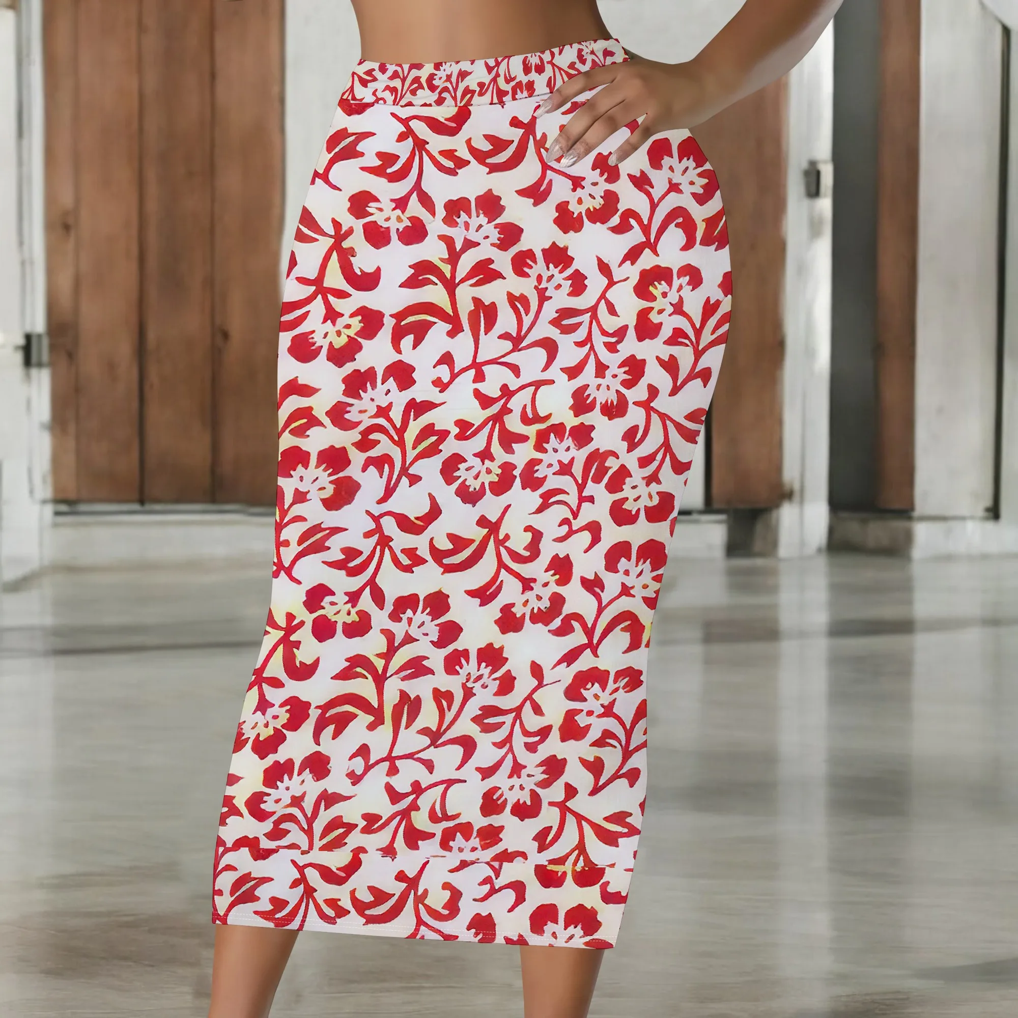 Red Floral Pencil Skirt, Vintage Print Midi Skirt, High Waist A-Line Skirt for Women, Summer Office Party Wear, S-2XL