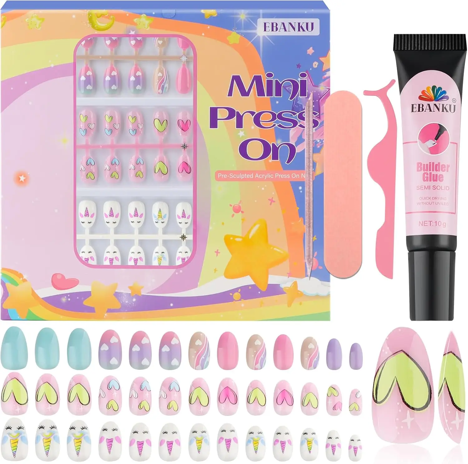 

78 накладных ногтей, набор из 3 предметов Ebanku, красочные накладные ногти в форме сердца для девочек в возрасте 8–12 лет, включает в себя желейный клей для ногтей и клей для роста ногтей.