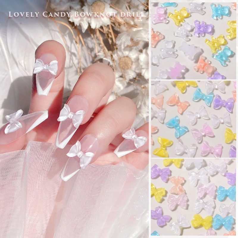 50Pcs 나비 매듭 아이스 클리어 네일 라인 석 젤리 모카 베어 스 트리머 네일 장식 3D 여름 카와이 매력 네일 부품 리본