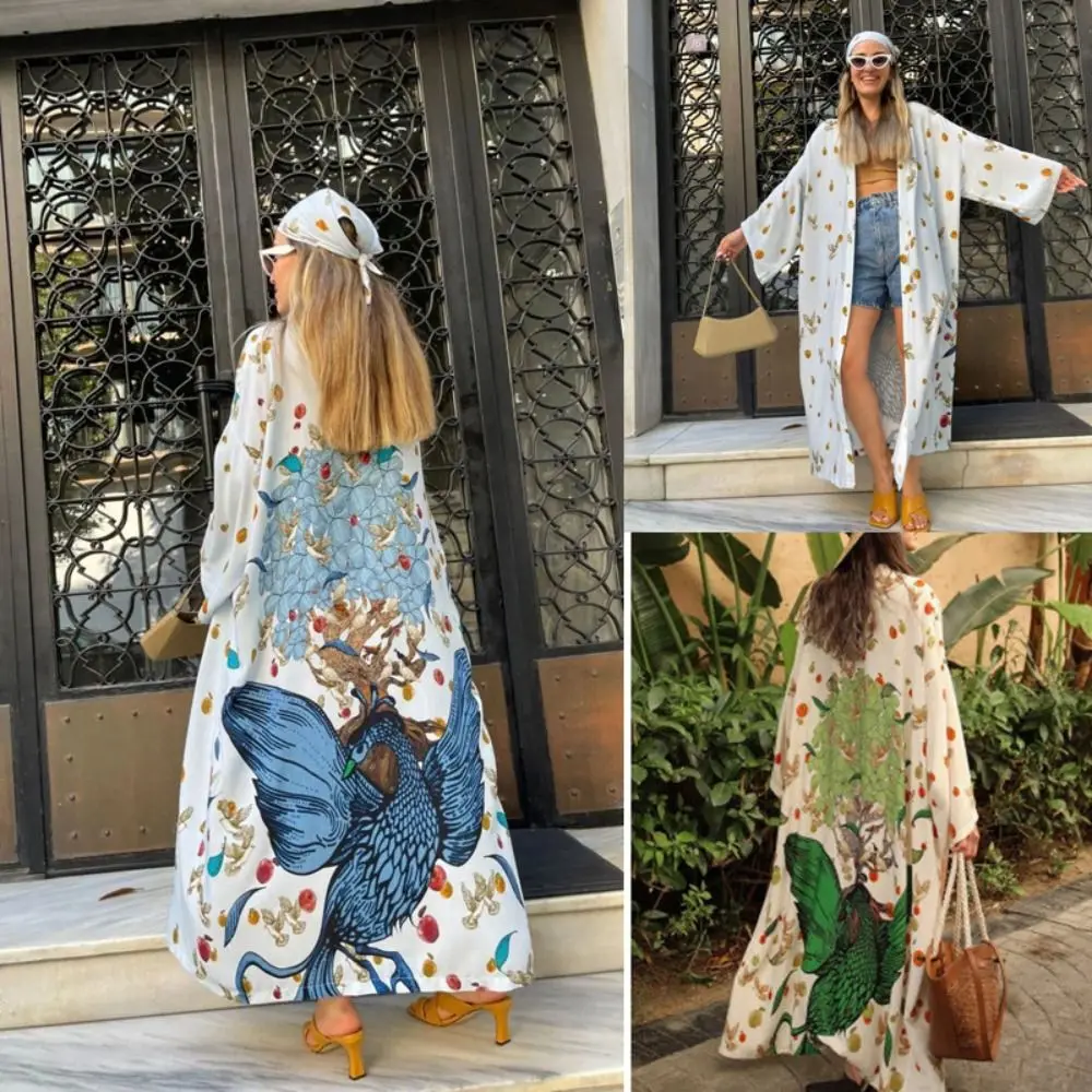 Casual Boho Bikini Cover-ups Peacock Print Open Front Beach Cover Up Oversized Beach Cardigan For Women
