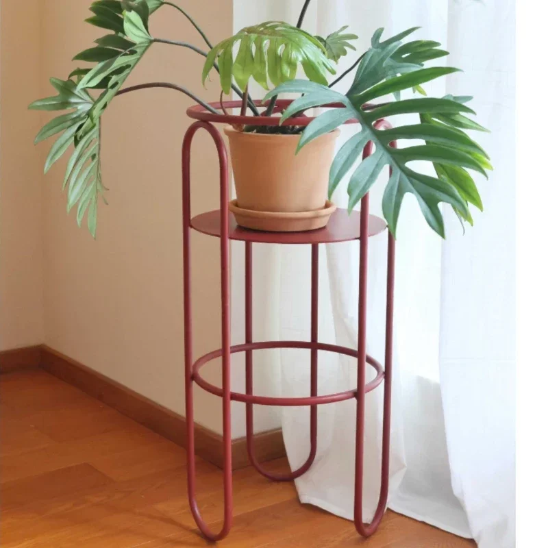 Vintage Red Plant Pot Stand, Indoor Minimalist Storage Shelf, Balcony Wrought Iron Flower Rack, Versatile Scene Decoration