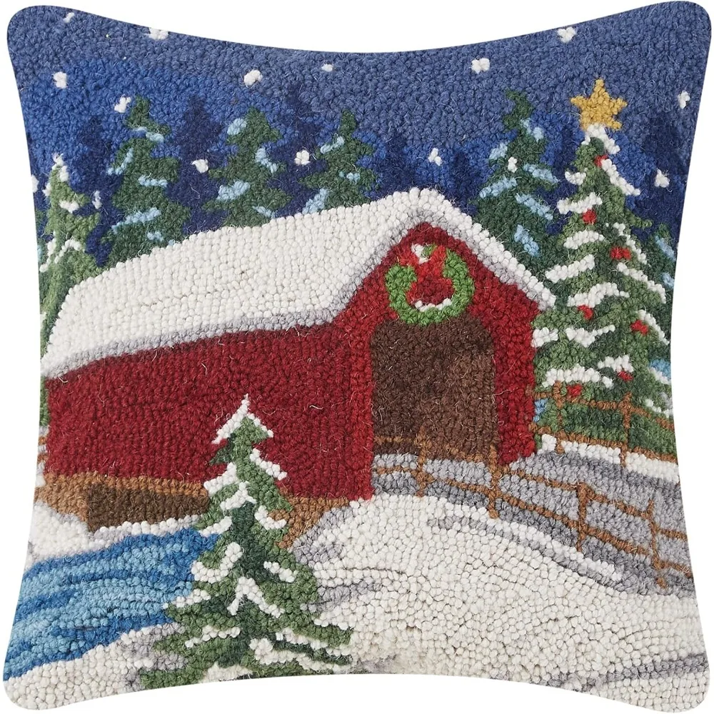 Snowy Holiday Bridge Christmas Polyfill Hook Throw Pillow, 16-inch Square, Wool and Poly Velvet, Seasonal Decoration