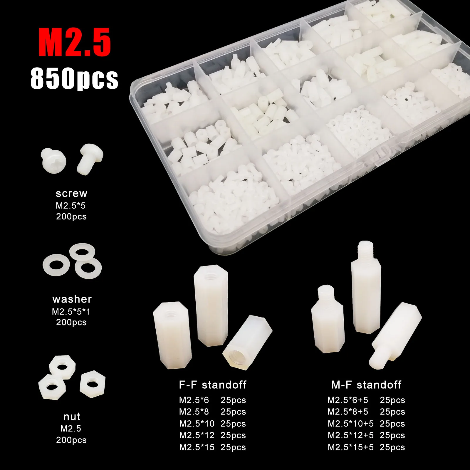 445/650/850/1300pc M2 M2.5 M3 M4 PCB Motherboard White Plastic Nylon Hex Hexagon Spacer Column Standoff Screw Nut Washer Kit Set