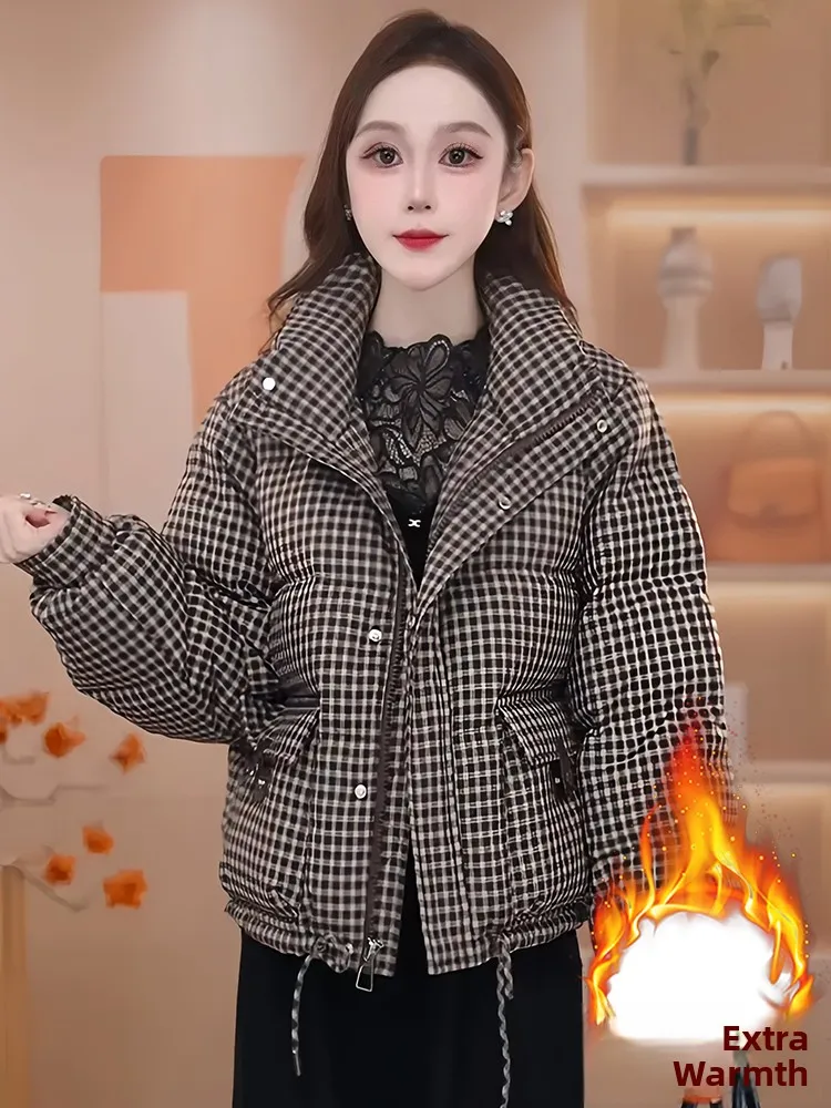 

Faionable Plaid ort Thiened Winter Jaet Women's Stand Collar down Cotton Coat Warm Sli Korean Sle Commute