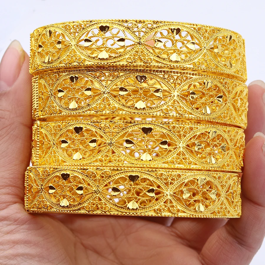 Saudi Arabic Bangles For Women 4pcs Indian Bracelet 24k Gold Color Africa Bridal Wedding Jewelry Ethiopian Middle East Gifts