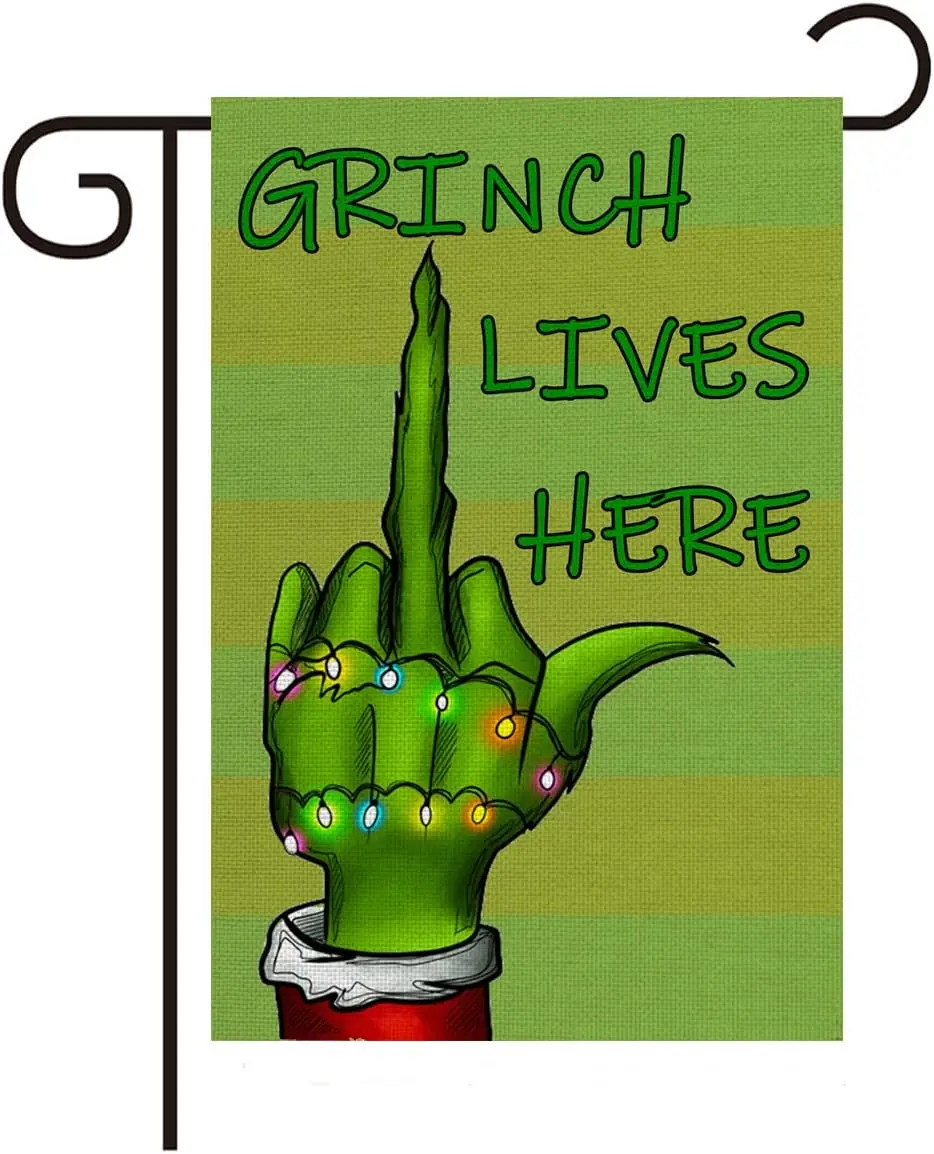 KiBSHiYiQi Merry Grinchmas Garden Flag Vertical Double Sided 12.5×18 Inch Welcome Christmas Burlap Winter Festive Outdoor Yard M