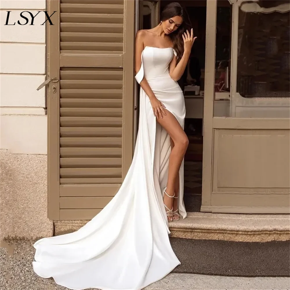 

LSYX Simple Off Shoulder Mermaid Wedding Dress Satin Zipper Back High Side Slit Floor Length Bridal Gown Custom Made