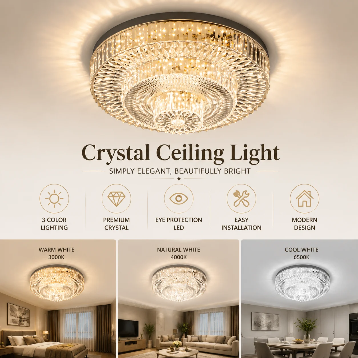 Modern LED Ceiling Lamp Crystal Circle Square - Energy Efficient Lighting for Bedroom Living Room - Adjustable 18W-48W - 85-265V