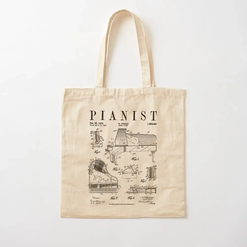

Grand Piano Old Vintage Patent Pianist Drawing Print Tote Bag reusable grocery bags the tote bag Women bags sac pour femme