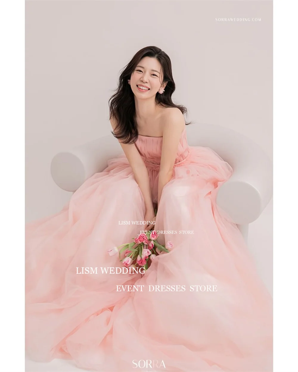 LISM Light Pink Fairy Tulle Korea Evening Dresses Wedding Photo Shoot Ruched Draped Pleats Custom Long Floor Length Formal Dress