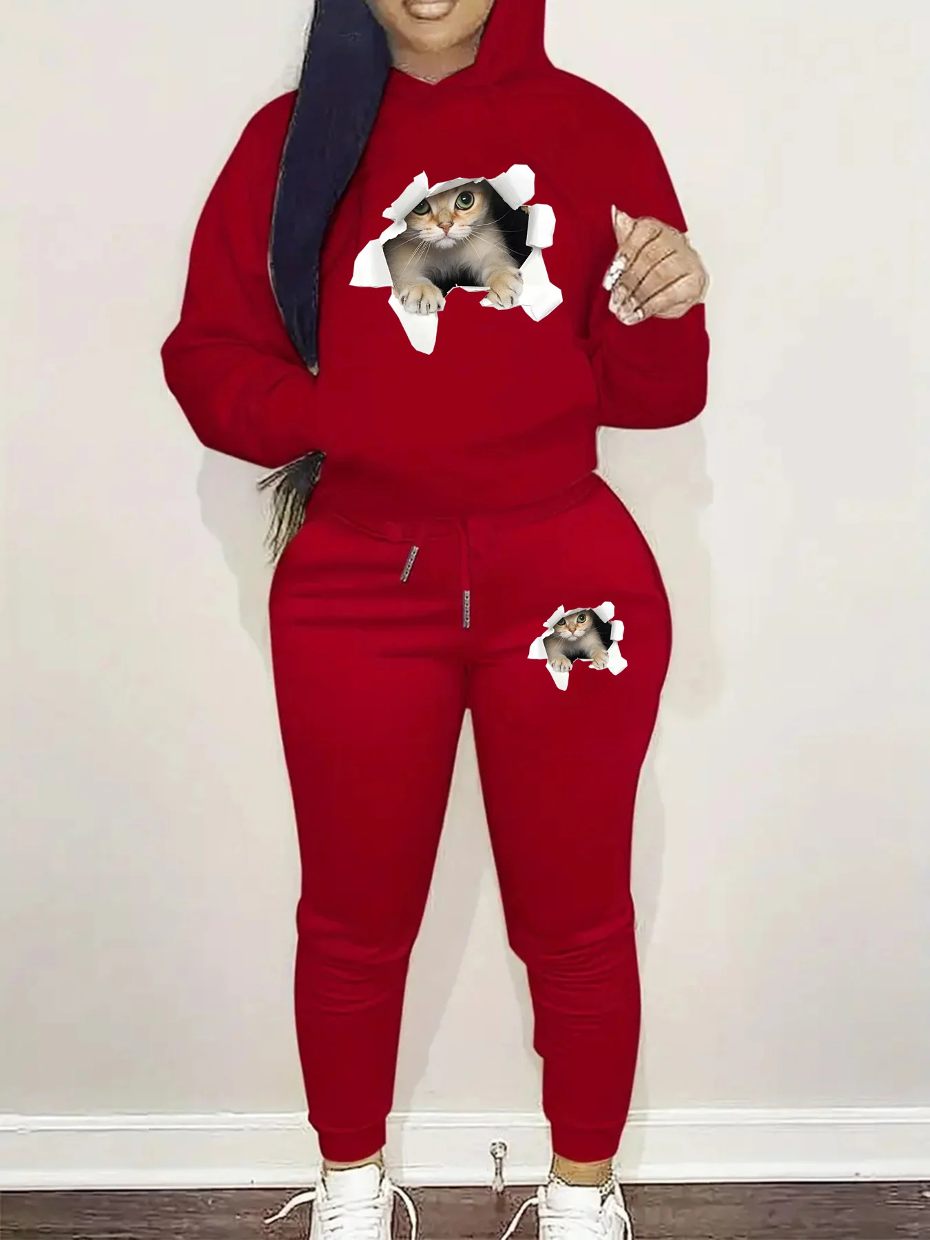 Women's Autumn/Winter Fashion Casual 3D Cat Pattern Printed Thick Warm Hoodie+Sports Pants Set